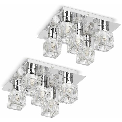 Flush Ceiling Light 2 x Chrome Glass Ice Cube 5 Way Fittings