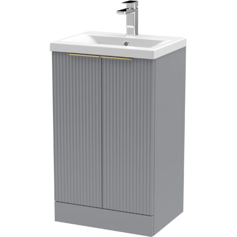 Fluted Front Floor Standing 2 Soft Close Door Bathroom Vanity Unit with 1 Tap Hole Basin, 500mm, Grey, Brushed Brass Handles