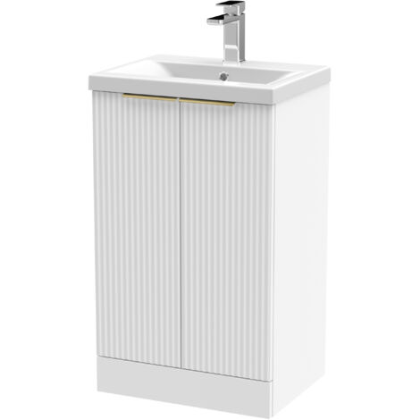 Fluted Front Floor Standing 2 Soft Close Door Bathroom Vanity Unit with 1 Tap Hole Basin, 500mm, Satin White, Brushed Brass Handles