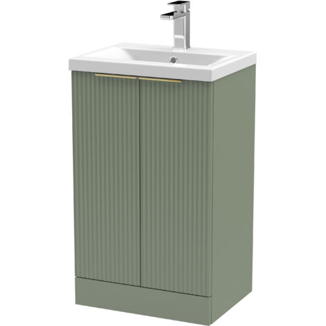 Fluted Front Floor Standing 2 Soft Close Door Bathroom Vanity Unit with 1 Tap Hole Ceramic Basin, 500mm, Satin Green, Brushed Brass Handles