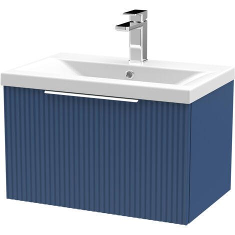 Fluted Front Wall Hung 1-Drawer Bathroom Vanity Unit with 1 Tap Hole Basin, 600mm, Satin Blue, Chrome Handles