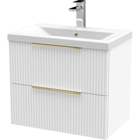 Fluted Front Wall Hung 2-Drawer Bathroom Vanity Unit with 1 Tap Hole Basin, 600mm, Satin White, Brushed Brass Handles