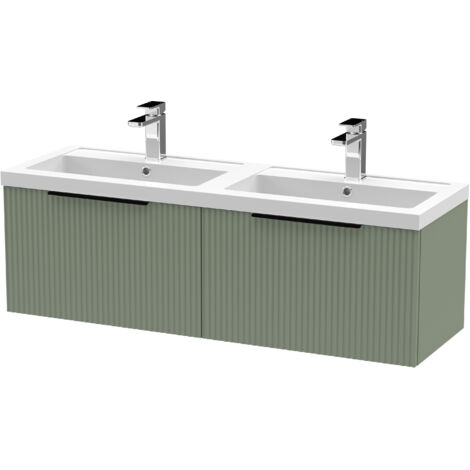 Fluted Front Wall Hung 2-Drawer Bathroom Vanity Unit with Double Basin, 1200mm, Satin Green, Black Handles