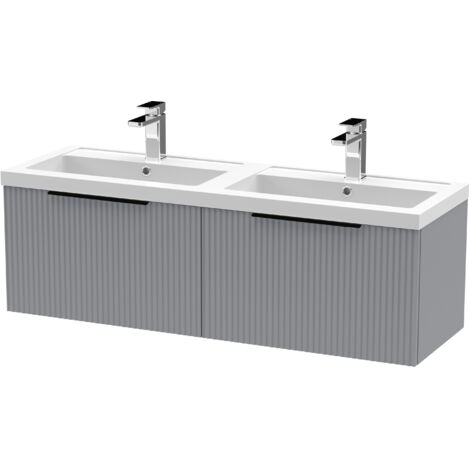 Fluted Front Wall Hung 2-Drawer Bathroom Vanity Unit with Double Basin, 1200mm, Satin Grey, Black Handles