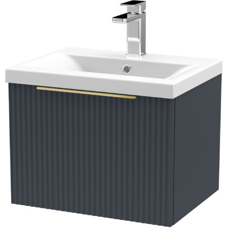 Fluted Front Wall Hung Single Drawer Bathroom Vanity Unit with 1 Tap Hole Basin, 500mm, Dark Grey, Brushed Brass Handles