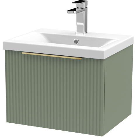 Fluted Front Wall Hung Single Drawer Bathroom Vanity Unit with 1 Tap Hole Ceramic Basin, 500mm, Satin Green, Brushed Brass Handles