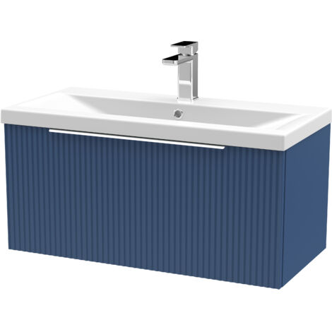 Fluted Front Wall Hung Single Soft Close Drawer Bathroom Vanity Unit with 1 Tap Hole Ceramic Mid-Edge Basin, 800mm, Satin Blue