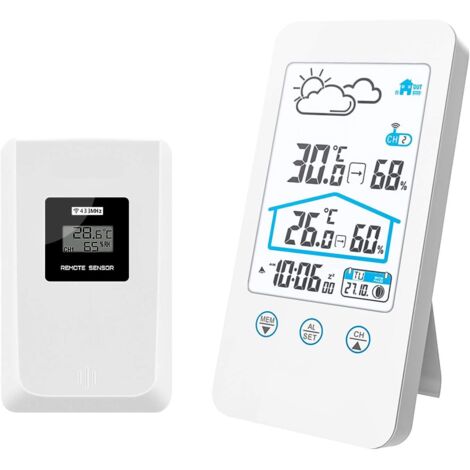 Flyland Drahtlose Wetterstation, drahtloses digitales Innenthermometer, Luftfeuchtigkeits-Barometer, Wetterstation, Uhr mit Außensensor (weiß)