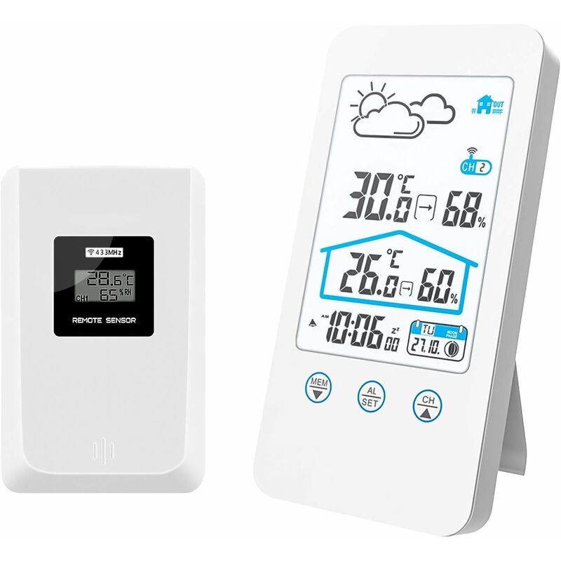 GDRHVFD Flyland Wireless Weather Station, Wireless Indoor Digital Thermometer Humidity Barometer Weather Station Clock with Outdoor Sensor (White)