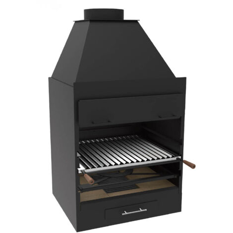 Fm Calefaccion – Barbecue charbon bois portable – Acier au carbone 4mm – Grille réglable 4 hauteurs – Sortie de fumée Ø25cm – Poids 95kg