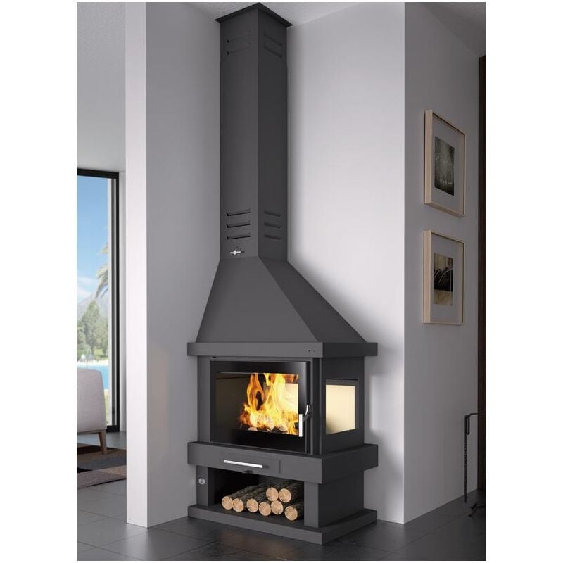 Fm Calefaccion - Cheminée à bois d'angle - firematic Alabama 10.4 kW Porte fonte - avec vitre sérigraphiée noire