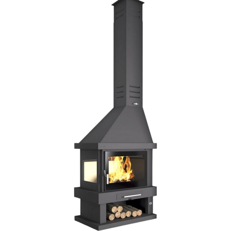 Fm Biomasa - Cheminée à bois d'angle - firematic Atlanta 10.4 kW Porte fonte - sans vitre sérigraphiée noire