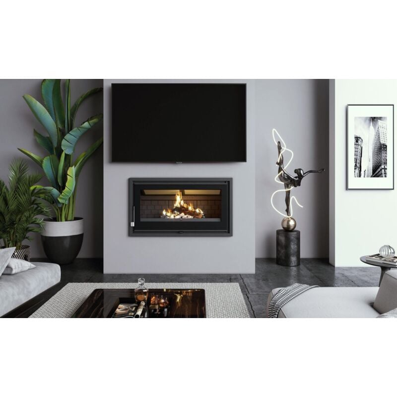 Fm Calefaccion - Insert a bois panoramique en acier, verre serigraphie, triple combustion - couleur noir - Made in Spain