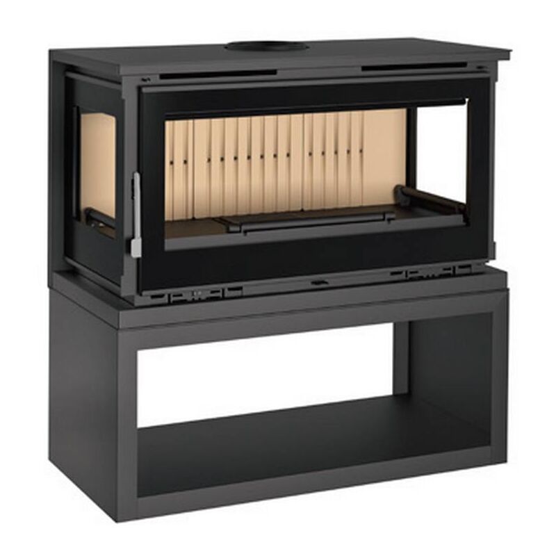 Fm Calefaccion - Poele cheminee 3 cotes vitres en acier sur bucher avec turbines, foyer en vermiculite, verre serigraphie - couleur noir - Made in