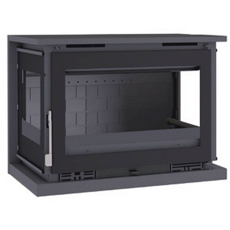 Poele a bois a suspendre, trois cotes vitres, avec turbines axiales, foyer en fonte, verre serigraphie - couleur noir - Made in Spain