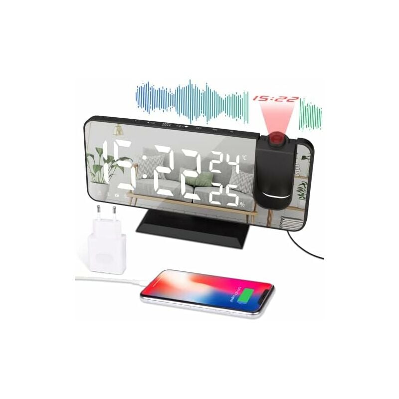 Fm Radio Ceiling Projection Alarm Clock - Children's Electronic Alarm Clock Mirror Screen Dual Alarms Temperature and Humidity Display 4 Brightness