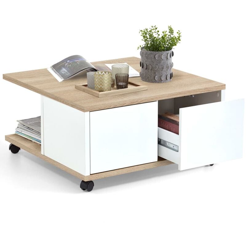 

FMD Mesa de centro portátil color roble y blanco brillante 70x70x36 cm