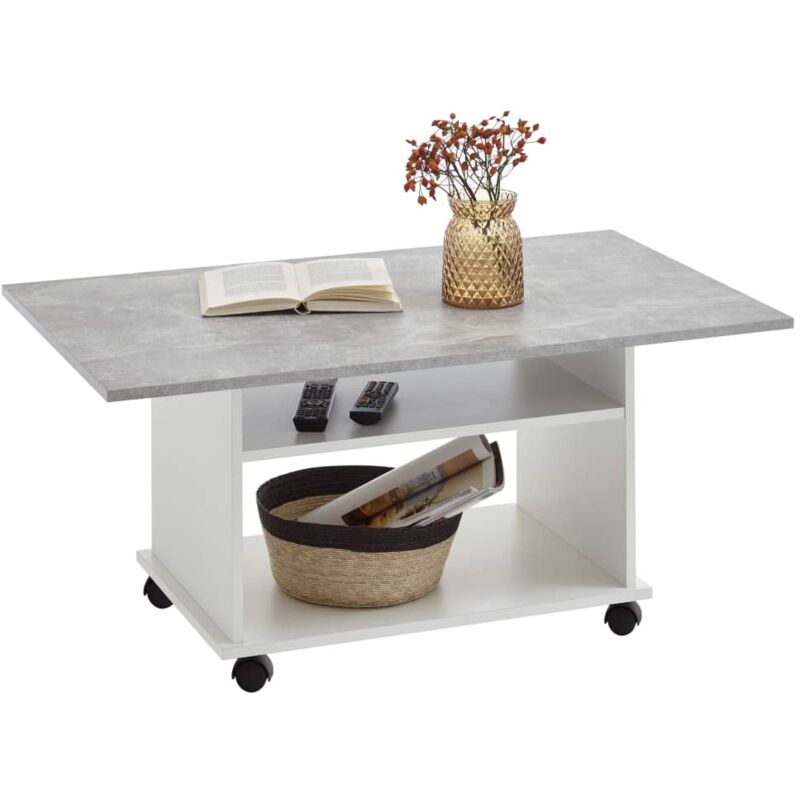 fmd - table basse avec roulettes gris béton et blanc gris béton