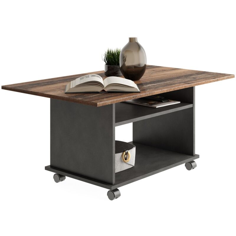 Table Basse sur Roulettes avec 2 Étagères - Azur Chêne vintage - Calicosy