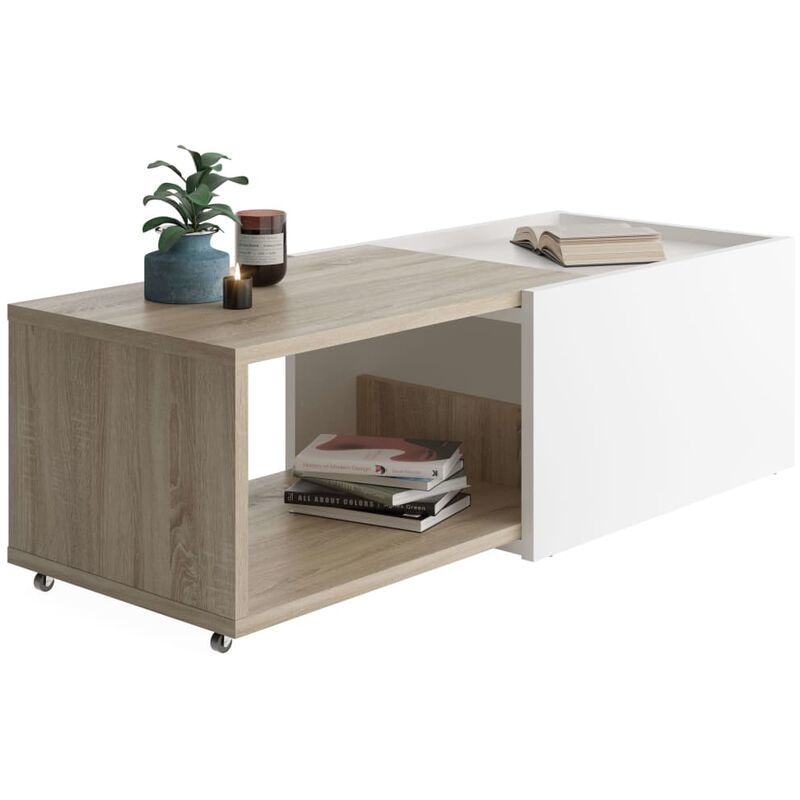 FMD Table basse extensible Blanc et chêne