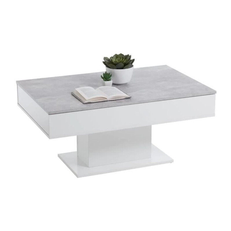 Table basse bicolore avec plateau coulissant - Décor gris béton LA et blanc brillant - L100 x H46,1 x P65 cm - Fabriqué en Al