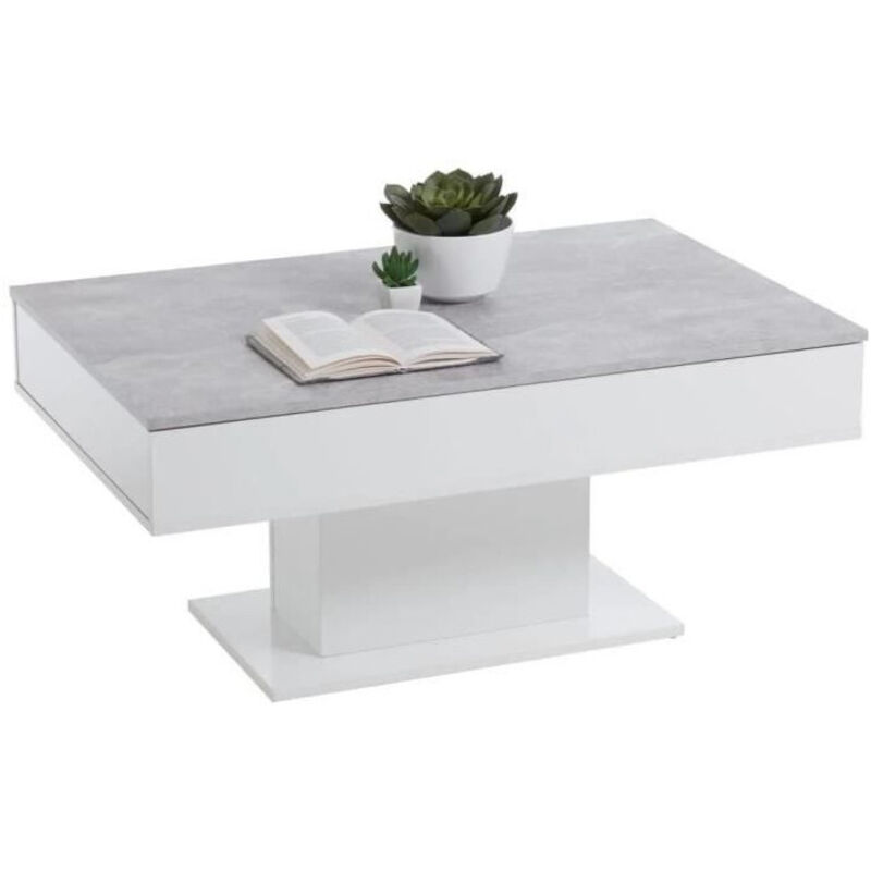 Table basse fixe bicolore avec plateau coulissant – Décor gris béton et blanc brillant – L100 x H46,1 x P65 cm – Design contemporain – FMD Table basse fixe bicolore avec plateau coulissant – Décor gris béton et blanc brillant – L100 x H46,1 x P65 cm – Design contemporain – FMD