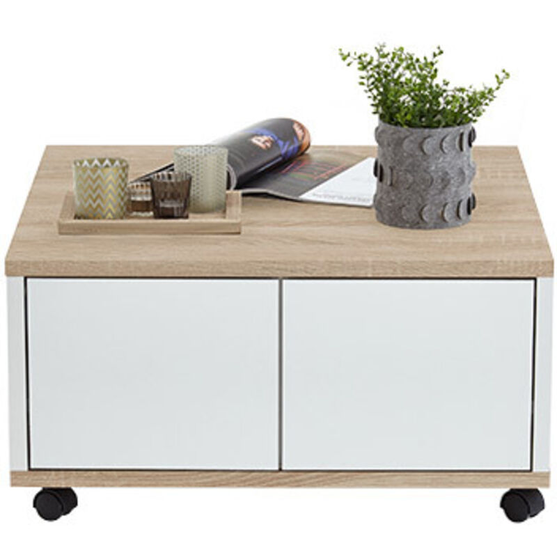 FMD - calicosy - Table Basse sur Roulettes 2 Tiroirs 2 Niches L70 cm - Twin