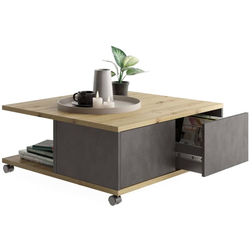 FMD - calicosy - Table Basse sur Roulettes 2 Tiroirs 2 Niches L70 cm - Twin