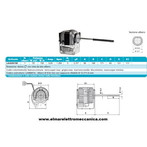 FMI LA460001M Motore 150 W MONOALBERO 5 Velocità aspiratore Fan Coil