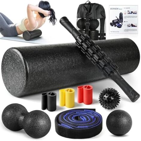 Foam Roller - 16.5 Pouces - Rouleau Massage Musculaire Haute Densité - Kit 7-en-1 avec Bâton de Massage Anti-dérapant - Bandes de Résistance - Balle Plantaire - Sangle d’Étirement - Sac en Nylon - 1 P