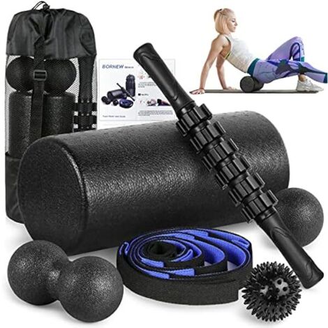 Foam Roller Set - 12 Inch High Density Foam Roller - 15 Inch Massage Stick - Plantar Fasciitis Ball - Stretching Strap - Peanut Ball - Nylon Carry Bag