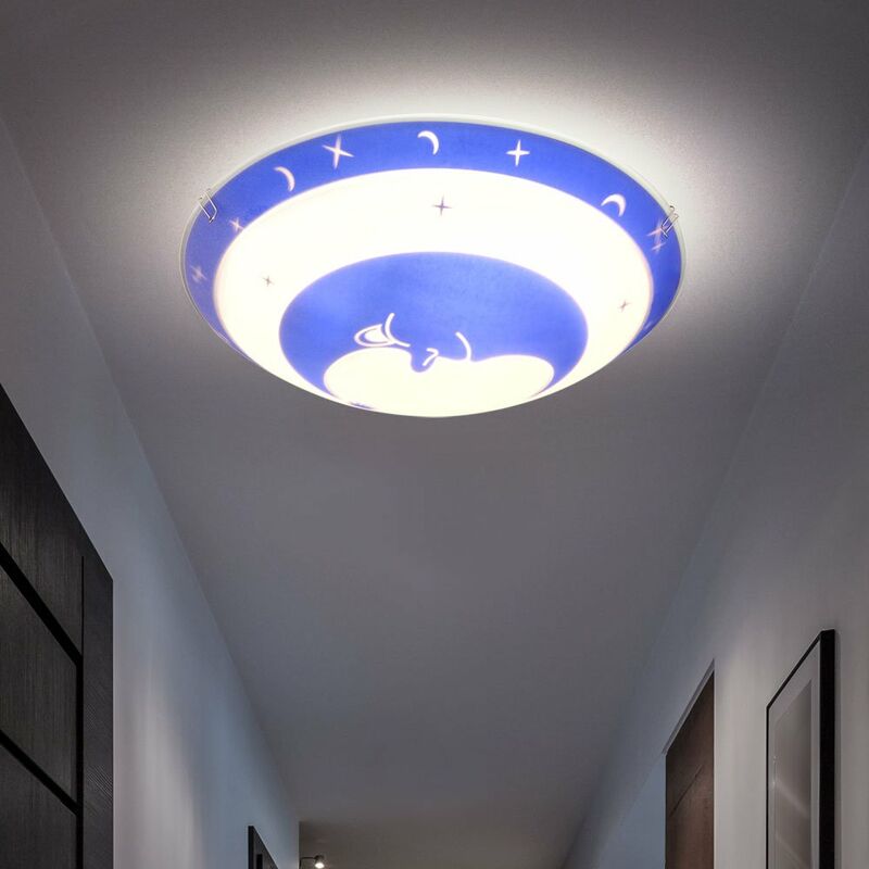 

Foco de techo para habitación infantil, lámpara de vidrio, azul, blanco, luna, estrellas, niños, lámpara para bebé