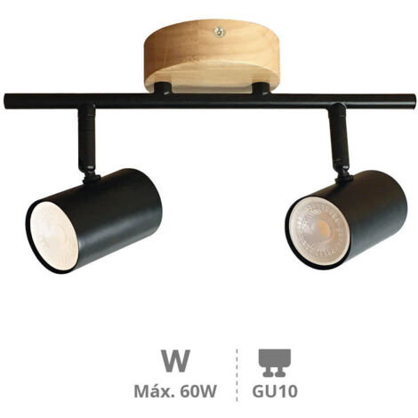 Foco doble de techo GU10 Max.60W Madera-Negro