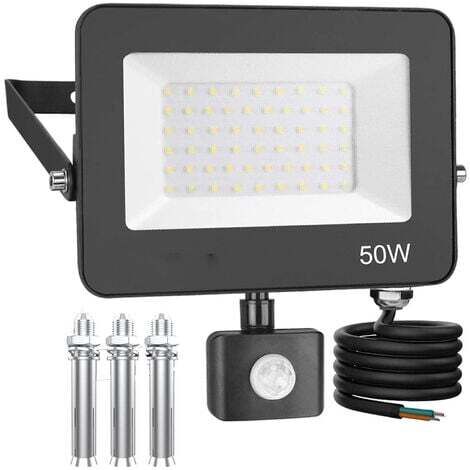 Foco LED de 50 W con sensor de movimiento, superbrillante para exteriores, 6500 K, 5000 lm, luz de seguridad blanca fría impermeable LP66 para alumbrado público de garajes