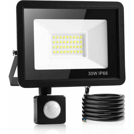 Foco LED exterior de 30 W con sensor de movimiento, resistente al agua IP66, luz blanca fría, ideal para garajes, jardines, patios delanteros, etc. [Clase energética F]