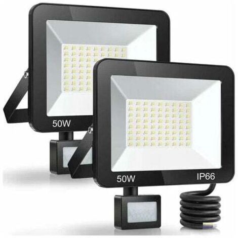 Foco LED para exterior GABRIELLE de 50 W con sensor de movimiento (2 unidades), resistente al agua IP66, 5000 lm, 7000 K, blanco frío, ideal para jardín, patio y entrada.