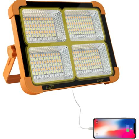 Foco LED recargable de 100 W, 10 000 LM, linterna de trabajo portátil con panel solar, lámpara recargable por USB de 6500 mAh, para acampar, etc.