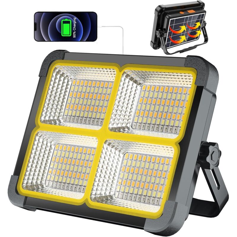 Foco LED recargable de 100 W para obras de construcción, 336 LED, panel solar, 4 modos de iluminación, batería externa de 12 000 mAh, absorción