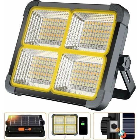 Foco LED recargable de 336 LED/ 100 W/ Panel solar/ 4 modos de iluminación/ Batería externa de 12000 mAh/ Fijación magnética, ideal para acampar, trabajar, pescar, color negro [Clase energética]