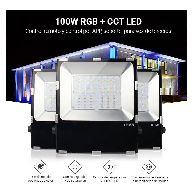 

Foco proyector LED RGB+CCT 50W 4200lm - control por RF y WiFi - IP65 FUTT02