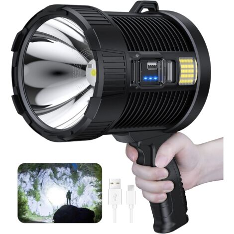 Foco recargable, 100.000 lúmenes, lámpara de mano, grande, linterna de faro solar súper brillante para uso en exteriores, con lámpara de bombilla, 6 modos, IPX5 resistente al agua (negro)