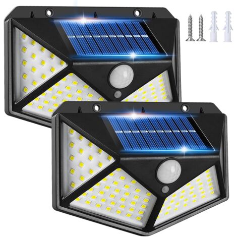 Foco solar exterior con sensor de movimiento, 3 modos, ángulo de haz de 270°, luz de seguridad inalámbrica, resistente al agua IP65, foco de pared para jardín, 【Paquete de 2】100 LED Luz solar exterior
