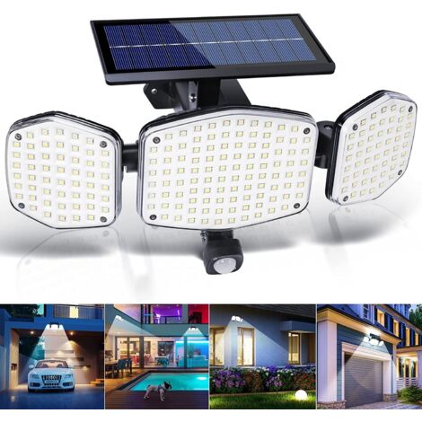 Foco solar para exteriores con sensor de movimiento, 208 luces LED de seguridad solares, ángulo amplio de 270°, 3 modos, IP65, resistente al agua, luz de pared para jardín, entrada de coches y garaje.