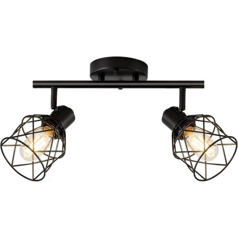 Focos de techo industriales y rieles para focos negros, lámpara de techo con 2 focos LED ajustables con casquillo, focos de techo, riel para focos de pared