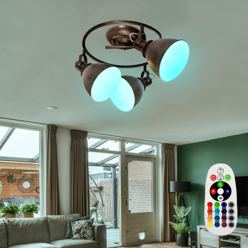 

Focos de techo móviles, control remoto, rondel de color óxido en un juego que incluye lámparas LED RGB