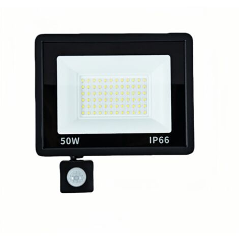 Focos LED exteriores de 50 W, paquete de 2 – sensor de movimiento integrado, luz blanca fría 6500 K, ultradelgados, resistentes al agua para jardín y fachada