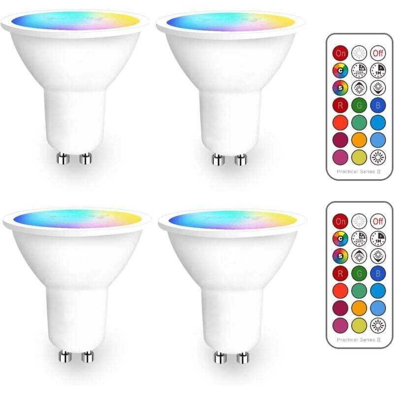 Focos LED GU10 RGB con cambio de color, bombillas LED RGBW regulables con control remoto por infrarrojos, focos LED blanco cálido (2700K – 6500K)
