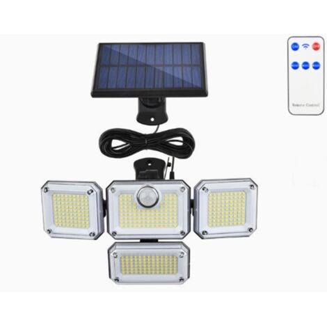 Focos solares exteriores de 4 cabezales para porche, garaje, patio, entrada y terraza. Con detector de movimiento y protección IP65.