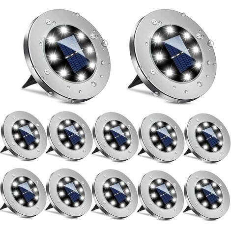 Focos solares para exteriores, 12 unidades, empotrables, 6000K, impermeables IP65, ideales para jardines, caminos, césped, escaleras y terrazas.