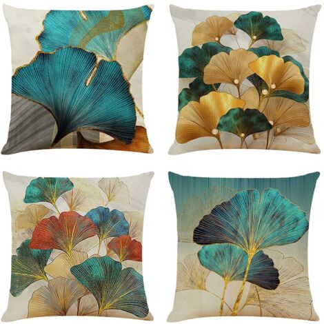 Fodera per cuscino 50x50 Federe in lino turchese e oro Cuscini decorativi per divano Set di 4 fodere per cuscini decorativi moderni Ginkgo oro